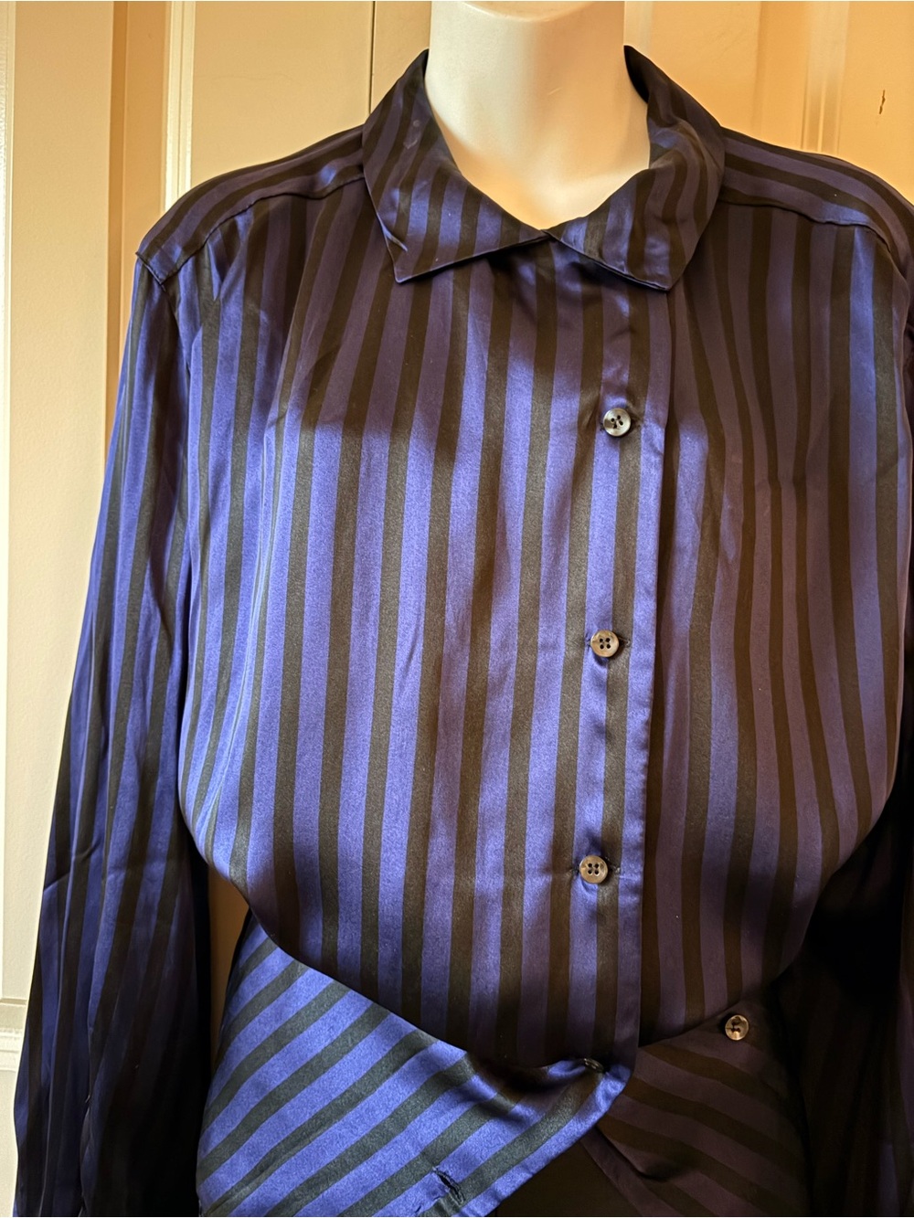 Ladies Striped Button-Up Shirt in Navy and Black, size 16